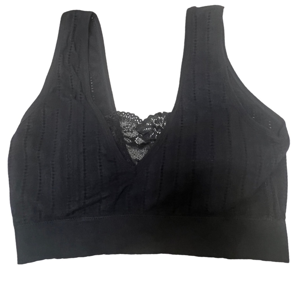 Yarn & Sea Bralette Women L Black Excellent Lace Trim Pointelle Seamless Stretch